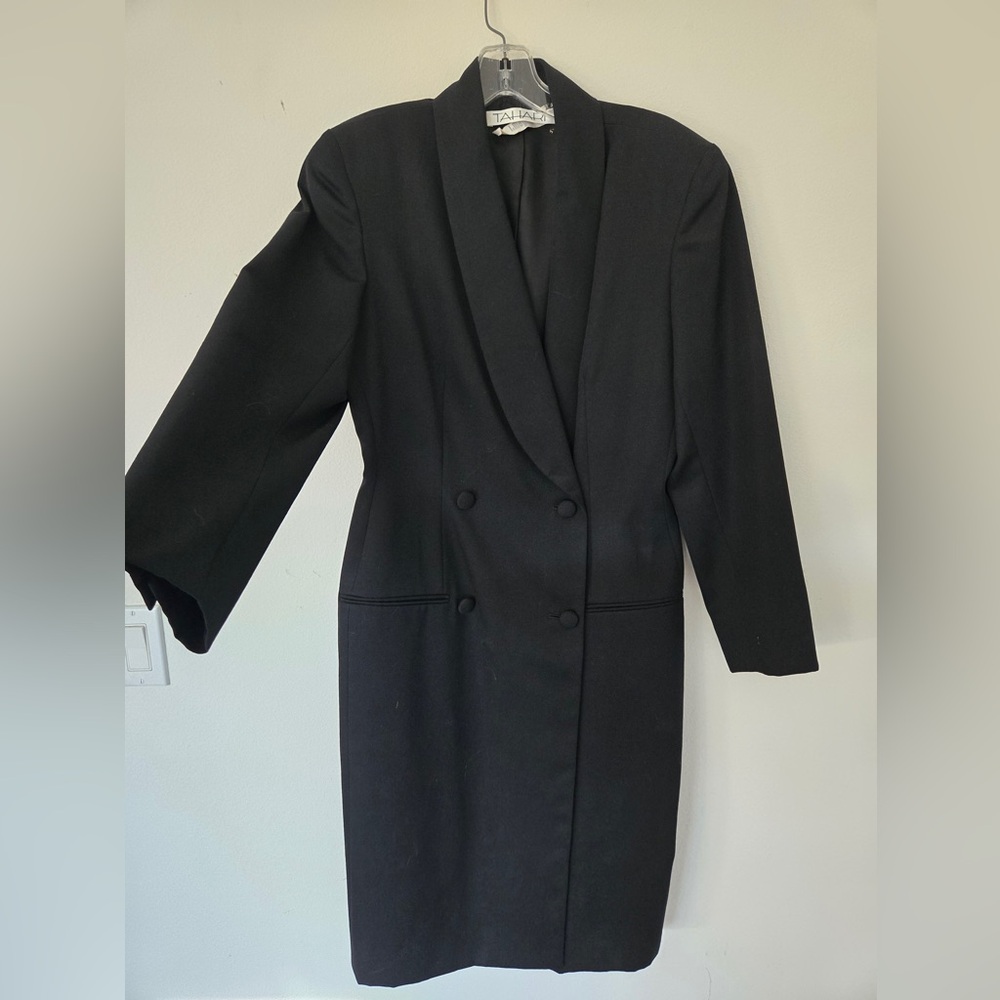 Tahari 100% Wool Black Tailored Coat Dress Size 10 | Classic 90s Minimalist